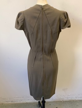 ROLAND MOURET, Dk Olive Grn, Viscose, Wool, Solid, Crepe, Cap Sleeves, V-neck, Esoteric Construction with Various Panels, Darts, and Flaps Throughout, 3" Wide Self Waistband, Fitted Through Hips, Knee Length, Exposed Zipper in Back, High End