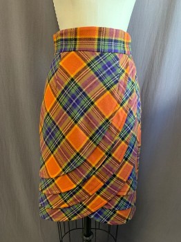 PLENTY, Orange, Green, Cream, Purple, Black, Acrylic, Wool, Plaid, 2 1/2" Waistband, Curved Panel Front, Faux Wrap Front, Back Zip
