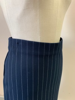 ANN TAYLOR, Navy Blue, White, Viscose, Polyamide, Stripes - Pin, Stretchy, Pencil Skirt, Elastic Waist, Invisible Zipper in Back