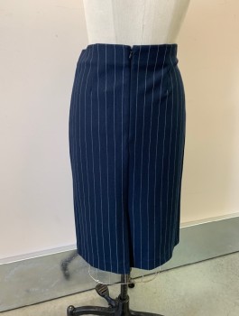ANN TAYLOR, Navy Blue, White, Viscose, Polyamide, Stripes - Pin, Stretchy, Pencil Skirt, Elastic Waist, Invisible Zipper in Back