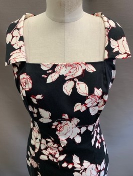 DAVID MEISTER, Black, Red, Cream, Cotton, Polyester, Abstract , Floral, Square,Collar Neckline, Side Zipper