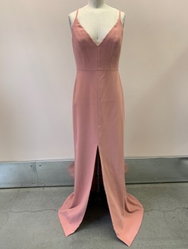 LELA ROSE, Dusty Pink, Polyester, Solid, Zip Back, Invisible Zipper, Spaghetti Straps, V-N, White Pearl Trim At Neckline, CF Slit