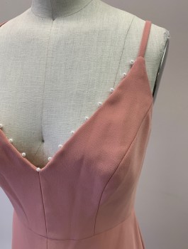 LELA ROSE, Dusty Pink, Polyester, Solid, Zip Back, Invisible Zipper, Spaghetti Straps, V-N, White Pearl Trim At Neckline, CF Slit