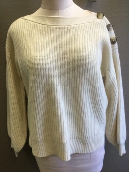 MADEWELL, Cream, Wool, Solid, Ribbed Thick Knit, Long Sleeves, Bateau/Boat Neck, 3 Large Brown and Tan Buttons at Shoulder, Oversized Fit