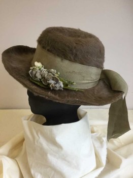 Womens, Hat 1890s-1910s, N/L, Brown, Olive Green, Gray, Lime Green, Felt, Synthetic, Solid, Floral, HAT:  Dusty Brown-olive Fuzzy Felt, W/large Olive Ribbon and Gray,lime Cut-out Flower Around The Crown, Iridescent Yellow-lime Lining,