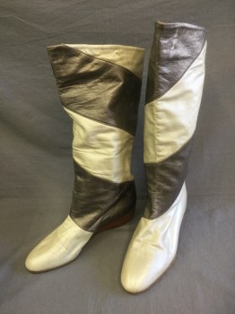 Womens, Boots, ROBINSON'S, Pearl White, Pewter Gray, Metallic, Leather, 6.5, Pearl and Pewter Slightly Metallic Leather in Diagonal Panels, Knee High, Brown Wooden 1" Wedge Heel, **Has Some Stains/Discoloration in a Few Spots