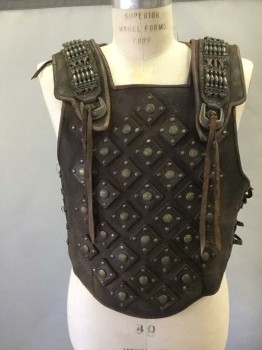 Mens, Historical Fict. Breastplate , MTO, Dk Brown, Leather, Diamonds, Plates Attached With Metal Studs, Shoulder Straps W/ Braided Leather And Metallic Decoration, Side D Hooks For Lacing Up (one Side Missing Lace)