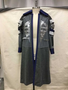 Gray, Silver, Black, Navy Blue, Synthetic, Plastic, Science Fiction Trench Coat, Open Front, Navy Collar,, Textured Black Plastic Shoulders With Silver Textured Strips On Sleeves, Navy Cuffs & Center Front, and Applique At Center Back,