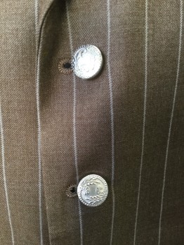 ROSSI MAN, Lt Brown, Lt Pink, Cream, Wool, Polyester, Stripes - Vertical , Paisley/Swirls, Heather Light Brown with Light Pink Pin-stripes, with Beige Paisley Print Lining & Backing, Notched Lapel, Single Breasted, 5 Silver Button Front, 4  Pockets, "v" Split Center Back Hem with Short Belt W/silver Buckle Back