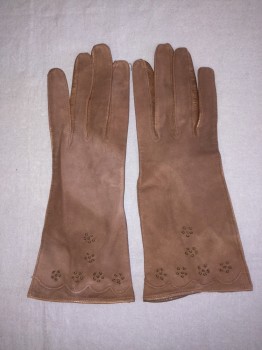 Womens, Gloves 1890s-1910s, NL, Dk Brown, Leather, Solid, Floral, Dark Brown Leather, Floral Embroidery Detail,