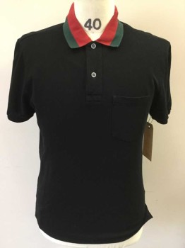 GUCCI, Black, Red, Green, Cotton, Solid, Black W/red,green Collar Attached, 2 Button Front, 1 Pocket, Short Sleeve,