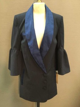 Fame And Partners, Navy Blue, Dk Blue, Polyester, Solid, Asymmetrical 3 Button Closure, Shawl Collar, Faux Chest Welt Pocket, Rouched Bell Sleeves