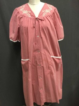 Womens, Housedress, FUNDAMENTALS, Rose Pink, Cream, Cotton, Polyester, Solid, Floral, M, Solid Pink with Cream Floral Embroidery At Yoke At Neck/Shoulders, Cream Binding Edge At Cuffs + 2 Patch Pockets At Hips, Short Sleeve,  Off White Snap Front, Gathered At Shoulder/Neck Yoke, Muu Muu-like Style, Hem Below Knee