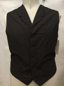 Mens, Vest 1890s-1910s, N/L, Dk Brown, Brown, Heathered, Plaid-  Windowpane, Ch 42, Button Front, 4 Pockets,