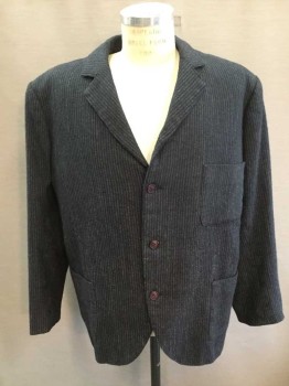Mens, Suit, Jacket, 1890s-1910s, MTO, Black, Blue, Wool, Stripes, 46, Single Breasted, 3 Buttons,  3 Pockets, Notched Lapel,