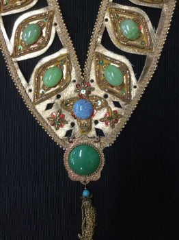 Unisex, Historical Fiction Collar, N/L, Gold, Turquoise Blue, Green, Red, Leather, Metallic/Metal, Floral, Novelty Pattern, (QUAD)  Gold Leather with Gold Beads,red Sequins, Turquoise,green Stones Detail Work,  Chain Link Closure, See Photo Attached,