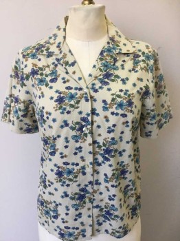 Womens, 1960s Vintage, Top, HARMONY, Ecru, Violet Purple, Green, Blue, Brown, Cotton, Floral, W:25, B:38, Ecru with Multicolor Floral Pattern, Short Sleeve Button Front, Notched Collar, **Set Has Matching Belt