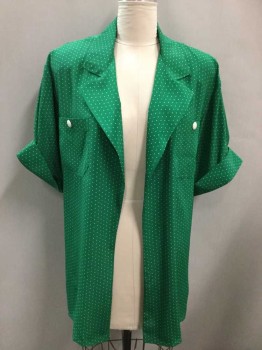 Womens, 1980s Vintage, Suit, Jacket, CLASSICS, Kelly Green, White, Polyester, Polka Dots, 18W, Short Sleeve,  Cuffed Hem, Two Chest Pockets, White Plastic Buttons, Side Vents