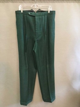 Mens, 1920s Vintage, Suit, Pants, M.T.O., Dk Green, Wool, Herringbone, I:Open, W:36, Dbl Pleats, Button Fly, Button Tab Front, 2 Welt Pckt On Seams, Suspender Buttons,