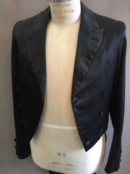Mens, Tailcoat 1890s-1910s, N/L, Black, Polyester, Solid, 38R, Poly Satin, Peaked Lapel, Double Breasted, Self Fabric Covered Buttons, Faille Panel On Lapel, Made To Order,