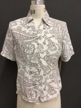 LIZ BAKER, Off White, Brown, Polyester, Paisley/Swirls, Floral, S/S, Button Front, Collar Attached, V-Neck, Fitted