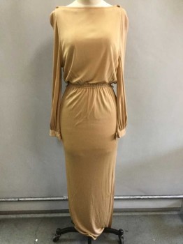 MORTY SUSSMAN, Tan Brown, Rayon, Solid, Knit, Long Sleeves with Cuffs, Elastic Waist, Gown with Deep Slit, Slinky, Unlined, Bateau/Boat Neck, Belt Loops No Belt