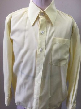 FOUGER, Yellow, Polyester, Cotton, Solid, Long Sleeves, Button Front, Collar Attached, 1 Pocket,