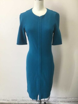 DVF, Teal Blue, Viscose, Polyester, Solid, Double Knit, 3/4 Sleeves, Round Neck,  Invisible Zippers at Center Front Neck to Hem, Sheath, Knee Length