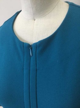 DVF, Teal Blue, Viscose, Polyester, Solid, Double Knit, 3/4 Sleeves, Round Neck,  Invisible Zippers at Center Front Neck to Hem, Sheath, Knee Length