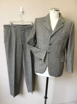 Mens, Suit, Jacket, 1890s-1910s, N/L, Gray, Cream, Wool, Tweed, 42R, Notched Lapel, 3 Btn Single Breasted, 3 Pockets, CB Vent, Rose Acetate Lining, **Small Hole Repair At CB