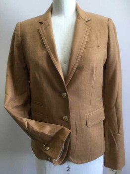 J CREW, Caramel Brown, Wool, Solid, Single Breasted, 2 Buttons, Notched Lapel, 2 Flap Pocket, 1 Breast Pocket,