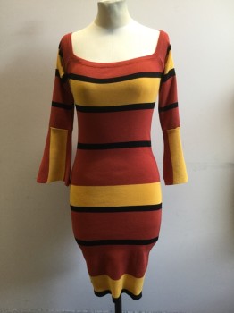 N/L, Burnt Orange, Yellow, Black, Polyester, Stripes - Horizontal , Body Contour Knit, Square Boat Neck, Raglan Almost Full Sleeve with Bell Extended Cuff
