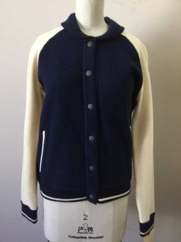 RAG & BONE, Cream, Navy Blue, Wool, Solid, Navy with Cream Sleeves, Navy/creme Stripe Trim, Snap Front, 2 Pockets, Collar Attached,