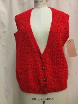 NL, Red, Synthetic, Solid, Red Knit, Button Front, 2 Pockets,