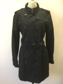 BURBERRY, Black, Cotton, Solid, Double Breasted, Short, Epaulets, 2 Pockets, Self Belt, Vented Back, Belted Cuffs
