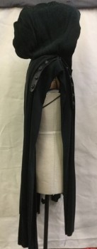 Unisex, Historical Fiction Cape, MTO, Black, Cotton, Leather, Solid, L Mens, Loose Weave Drapy Cotton, Aged/Distressed,  Open Front and Sides, Voluminous Hood, Tie Back Shoulder Straps to Secure on Body, Decorative Stud Embellished Shoulder Straps