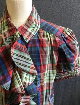 Childrens, Blouse, AMERICAN LIVING, Navy Blue, Red, Dk Green, Gray, Yellow, Cotton, Plaid, Girls, 12-14, Short Sleeve Button Front, Collar Attached, Puffy Sleeves Gathered at Shoulders, Self Ruffle Detail at Center Front Button Placket