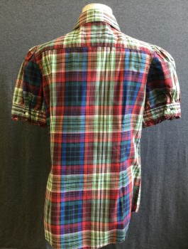 Childrens, Blouse, AMERICAN LIVING, Navy Blue, Red, Dk Green, Gray, Yellow, Cotton, Plaid, Girls, 12-14, Short Sleeve Button Front, Collar Attached, Puffy Sleeves Gathered at Shoulders, Self Ruffle Detail at Center Front Button Placket