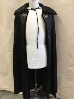 Unisex, Sci-Fi/Fantasy Cape/Cloak, MTO, Black, Faux Leather, Polyester, Abstract , OS, Black Vertical Wavy Texture with Black Velvet Trim, Black Lining, Collar Attached, with Black Velvet and Zig-Zag Trim, Silver Ornate Closure at Neck
