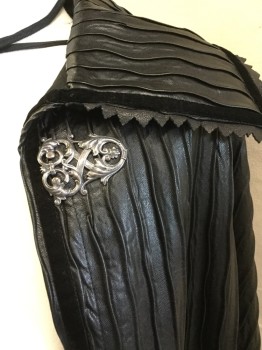 Unisex, Sci-Fi/Fantasy Cape/Cloak, MTO, Black, Faux Leather, Polyester, Abstract , OS, Black Vertical Wavy Texture with Black Velvet Trim, Black Lining, Collar Attached, with Black Velvet and Zig-Zag Trim, Silver Ornate Closure at Neck