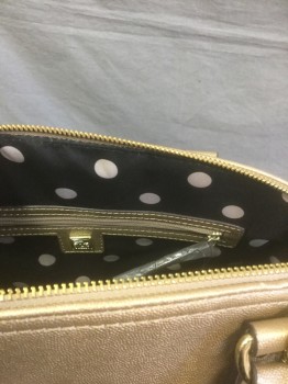 ANNE KLEIN, Gold, Faux Leather, Solid, Stiff/Structured, Self Handles, Gold Zipper, Black/White Polka Dot Lining