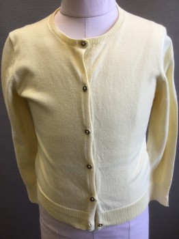 Childrens, Cardigan Sweater, ZARA, Lt Yellow, Synthetic, Solid, 8 YRS, Knit, Long Sleeves, Gold Metallic Buttons at Front, Round Neck