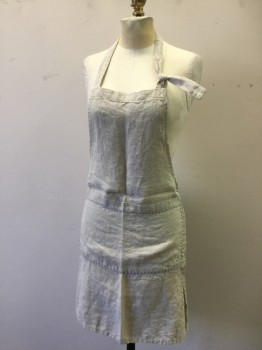 Womens, Apron , N/L, Tan Brown, Linen, Solid, O/S, Neck Strap with Loop on Left Side, Self Back Waist Tie, Pin Tucks on Sides of Pockets, Lavender Stitching Along Pockets