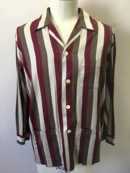 DEREK ROSE, Multi-color, Red Burgundy, Beige, Brown, Cotton, Stripes - Vertical , Alternating Burgundy, Beige and Brown Stripes with Herringbone Texture, Long Sleeve Button Front, Collar Attached, 3 Patch Pockets