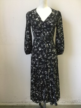 DENIM & SUPPLY, Black, White, Viscose, Floral, V-neck, Button Loop Front, 3/4 Sleeve with Elastic Cuff, Gathered at Yoke, Calf Length