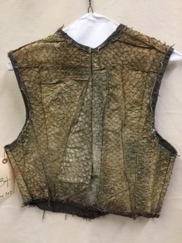 Womens, Sci-Fi/Fantasy Vest, MTO, Tan Brown, Cream, Brown, Peach Orange, Charcoal Gray, Snakeskin/Reptile, Cotton, Reptile/Snakeskin, 34, (aged/distressed) Reptile Texture with Brown Trim with Brown Hand-Stitches, Heather Charcoal Lining, Over Lap Round Neck,  Large Snap Front