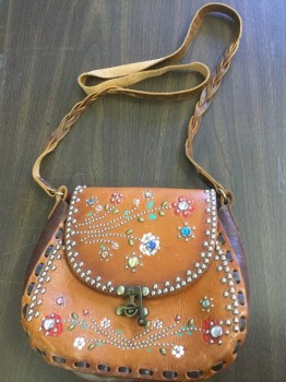 MEXICO, Brown, Silver, Blue, Red, Green, Leather, Floral, Brown Leather with Leather Stitching, Flap, Stud and Rhinestone Floral Detail, Cross Over Braided Strap