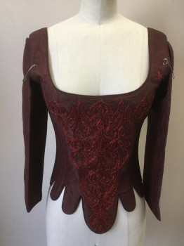 Womens, Historical Fiction Bodice, MTO, Wine Red, Red, Synthetic, Cotton, Leaves/Vines , W24-28, B30-36, Brocade,  Red Metallic Embroidery, Lace on Sleeves (Missing Laces), Steel Boning, Lace Up Center Back, Tabs at Waist