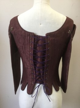 Womens, Historical Fiction Bodice, MTO, Wine Red, Red, Synthetic, Cotton, Leaves/Vines , W24-28, B30-36, Brocade,  Red Metallic Embroidery, Lace on Sleeves (Missing Laces), Steel Boning, Lace Up Center Back, Tabs at Waist
