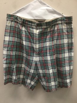 TOMMY HILLFIGER, Off White, Green, Blue, Dk Red, Black, Cotton, Linen, Plaid, Off White with Green/blue/ Dark Red/black Plaid, 2 Pleat Front, Zip Front, 4 Pockets